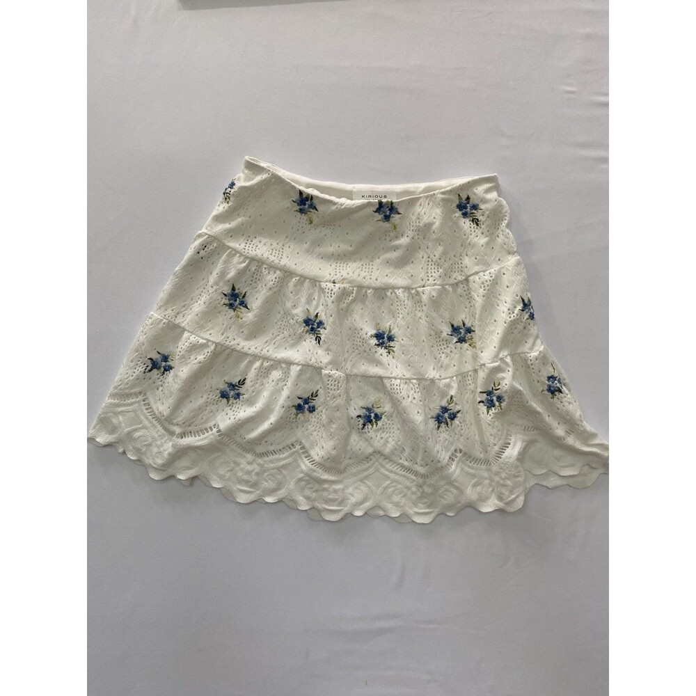 Kirious Los Angeles White Eyelet Floral Embroidered Tiered Mini Skirt Small
